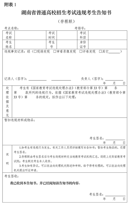 附表1：湖南省普通高校招生考试违规考生告知书（存根联）.png
